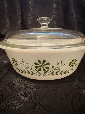 Vintage Glasbake Milk Glass Green Daisy Pattern Casserole Dish with Lid